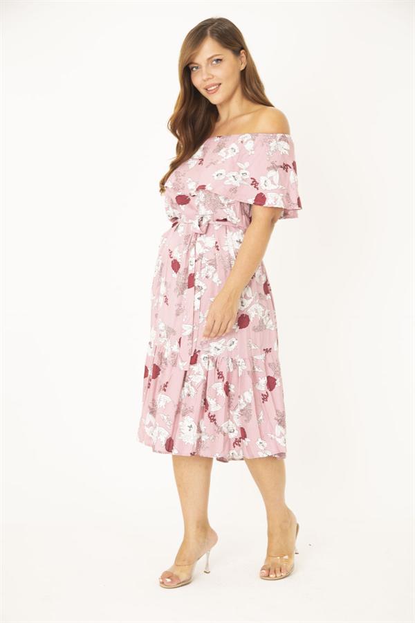 Kadın Büyük Beden Pembe Dokuma Viskon Kumaş Yakası Lastik Ve Volan Detaylı Elbise 65N36783