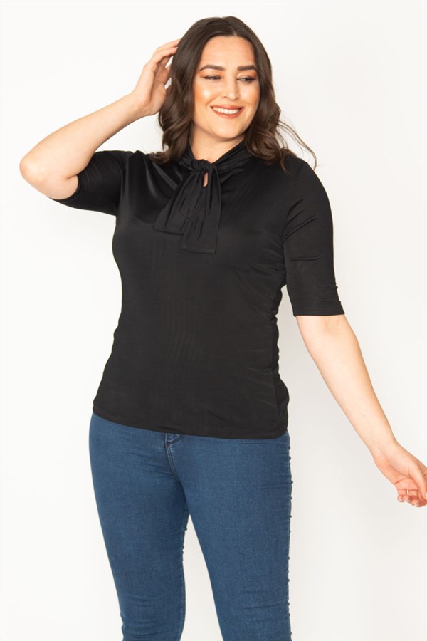 KADIN SİYAH YAKA FULAR BAĞLAMALI BLUZ