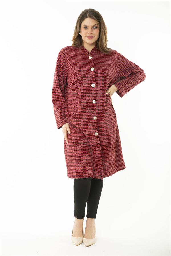 Women's Plus Size Red Piyedepul Pattern Metal Button Unlined Cape 65N37109