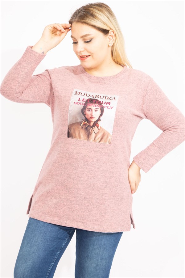 Kadın Mavi Yün Viskon Kumaş Aplike Ve Yan Yırtmaç Detaylı Tunik 65N35449