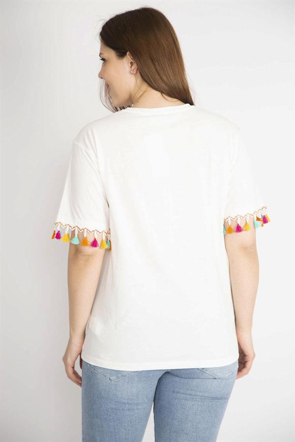 Kadın Kemik Büyük Beden Kolları Püskül Detaylı Bluz