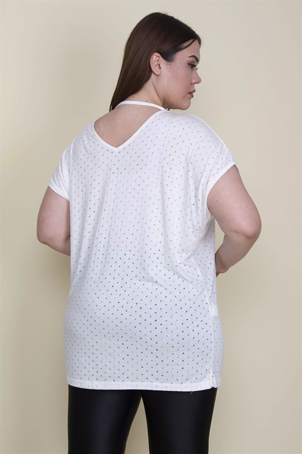 Kadın Kemik Nopeli Kumaş V Yakalı Düşük Kol Bluz 65N25690