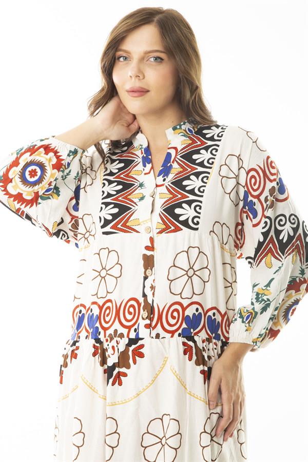 Kadın Büyük Beden Saks Dokuma Viskon Kumaş Ön Yarım Düğmeli Uzun Kollu Elbise 65N36886