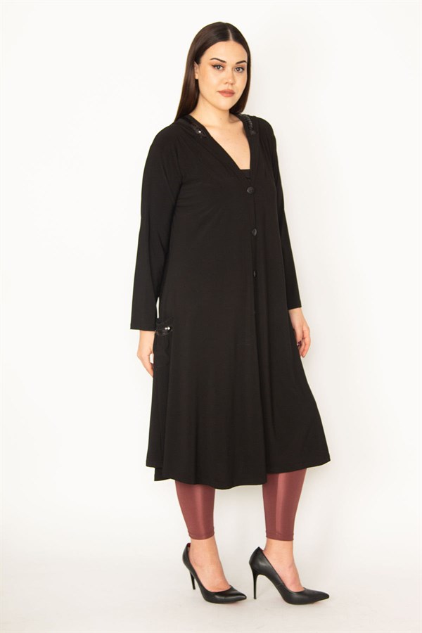 Kadın Siyah Sandy Kumaş Payet Detaylı Ön Düğmeli Kapşonlu Kap 65N31703