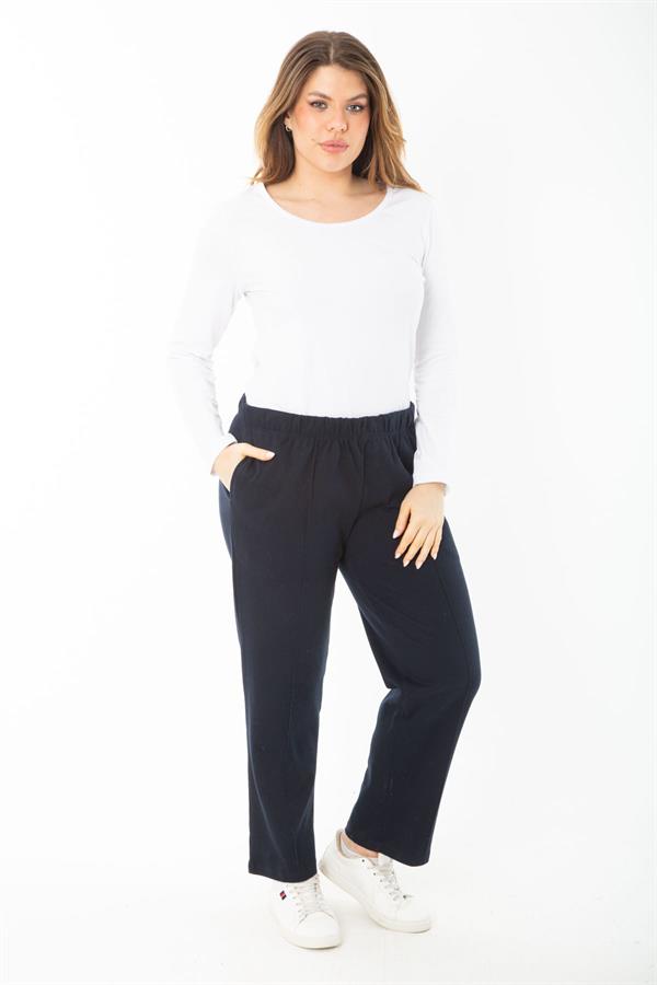 Kadın Büyük Beden Lacivert Beli Lastikli Ütü İzi Çima Dikişli Yan Cepli Eşofman Alt 65N37400