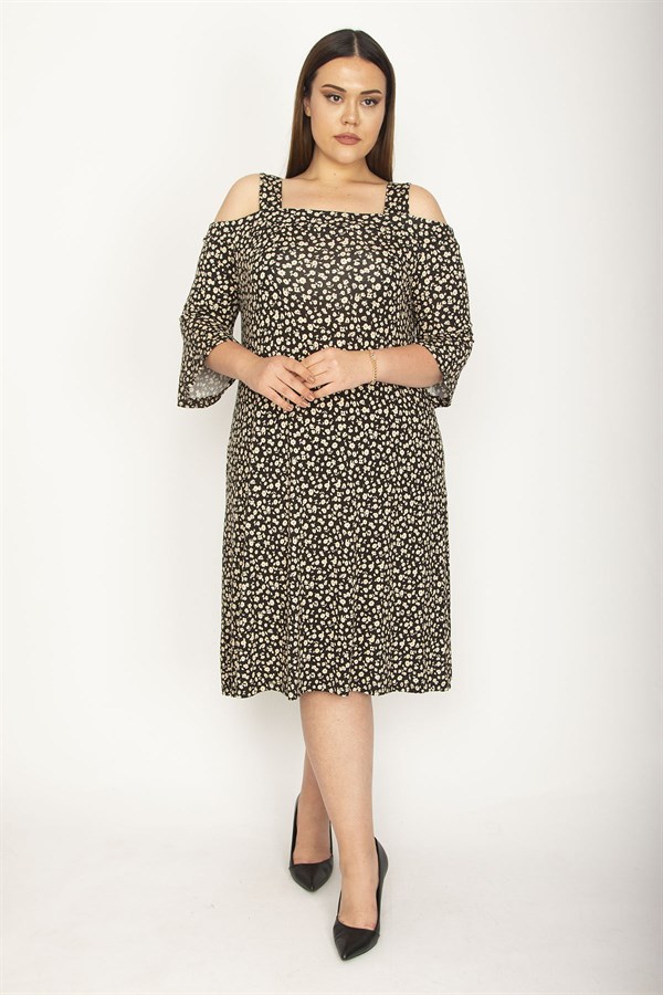 Kadın Lacivert Askılı Omuz Dekolteli Kol Ağzı Volanlı Viskon Elbise 65N26348