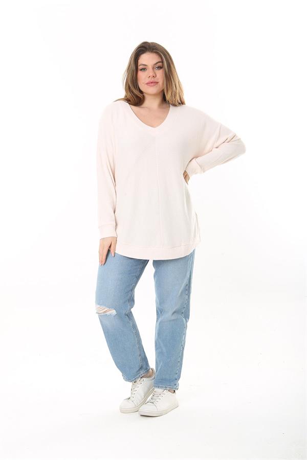 Kadın Büyük Beden Pudra V Yakalı Kendinden Çizgili Uzun Kollu Tunik 65N37527