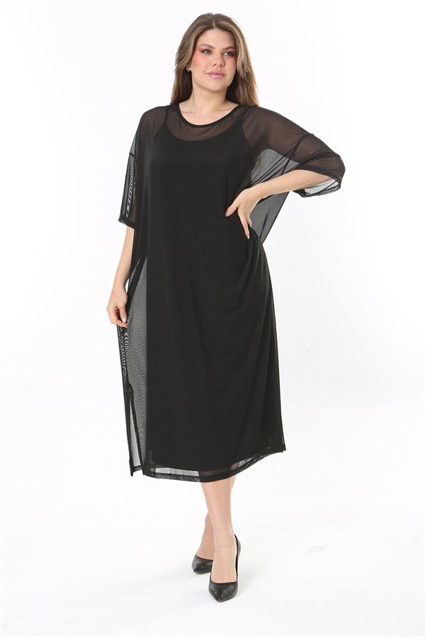 Kadın Büyük Beden Siyah İçi Askılı İki Parça Tül Elbise 65N37774