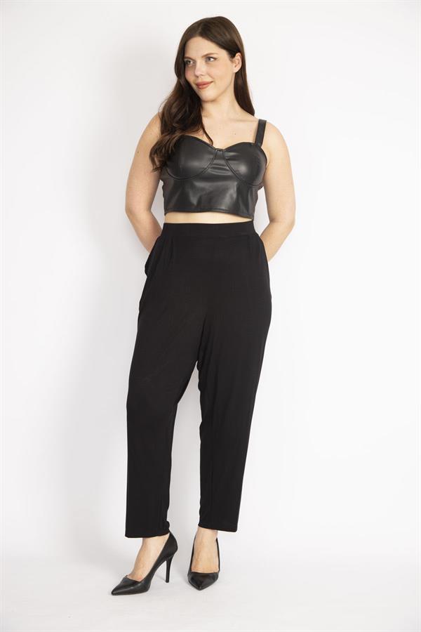 Kadın Siyah Büyük Beden Şalvar Kesim Yan Cepli Viskon Pantolon