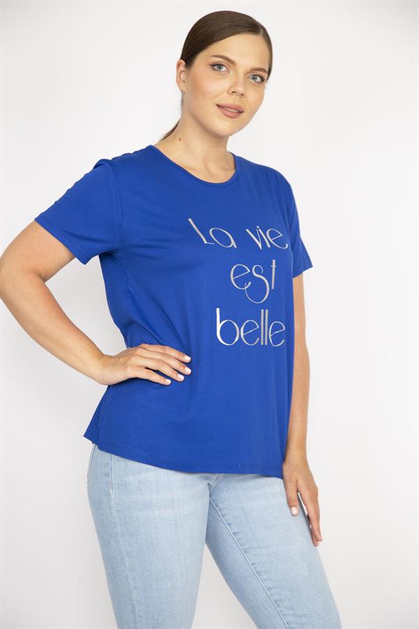 Kadın Saks Büyük Beden Lak Baskılı Bluz