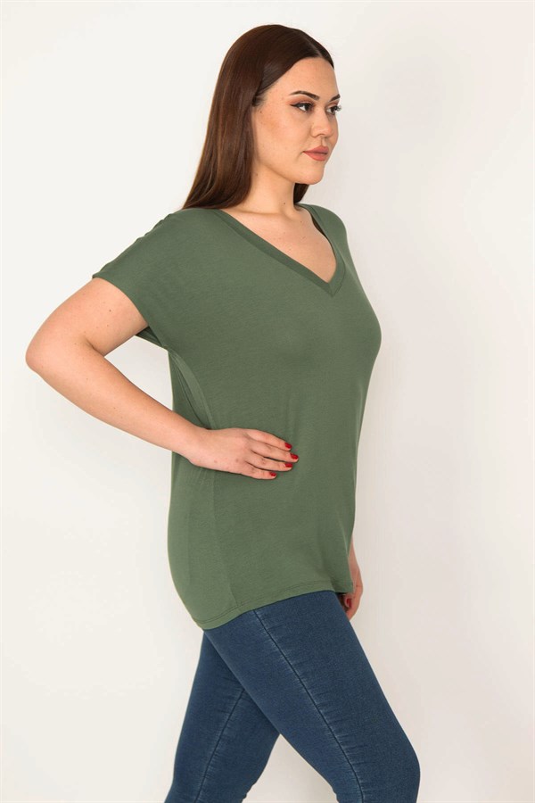 KADIN HAKİ V YAKALI KISA KOLLU BASİC BLUZ