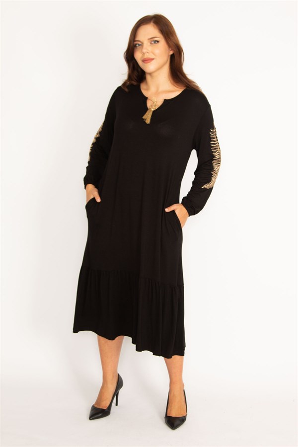 Kadın Siyah Nakış Ve Cep Detaylı Eteği Katlı Uzun Kollu Elbise 65N34743