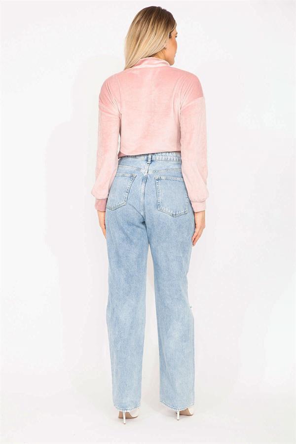 Kadın Büyük Beden Mavi Yıkama Efektli Yırtık Detaylı Yüksek Bel Kot Pantolon 65N37274