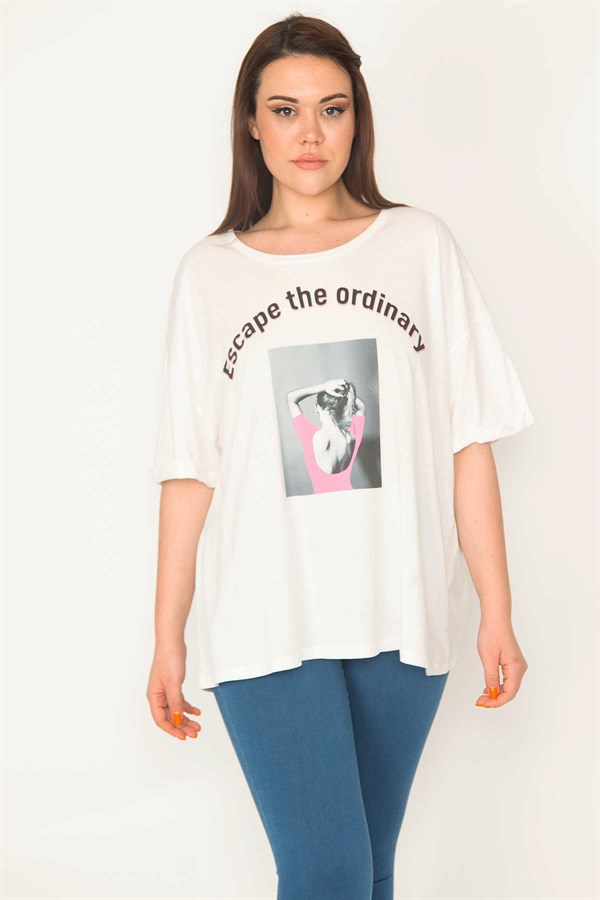 KADIN KEMİK RAHAT KESİM BİSİKLET YAKA ÖN BASKILI BLUZ