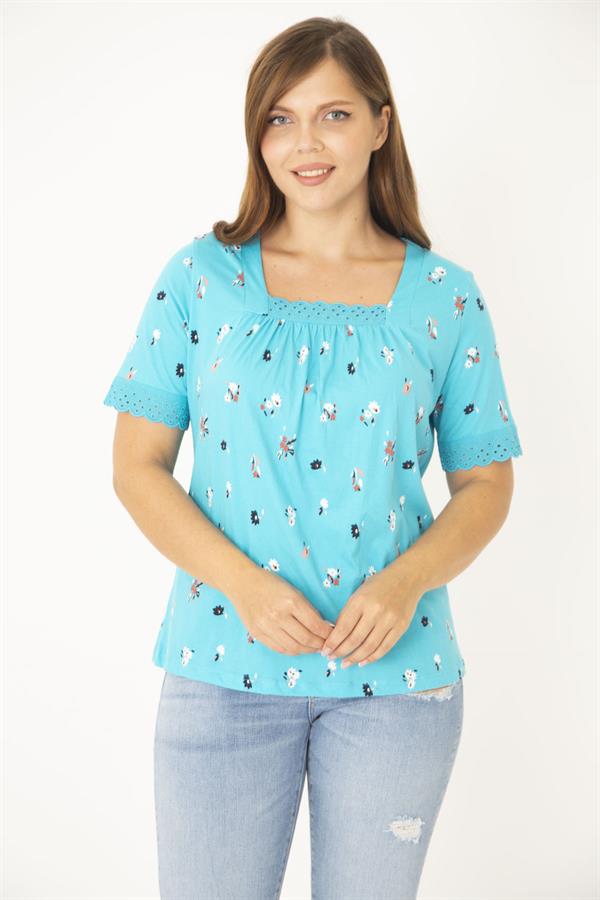 Kadın Lacivert Büyük Beden Pamuk Kumaş Yaka Ve Kolları Dantel Detaylı Bluz