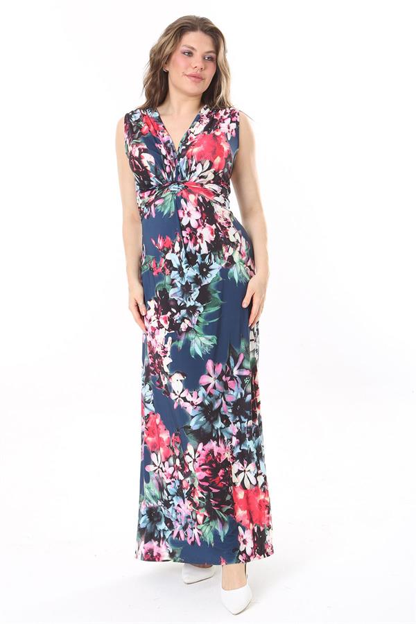 Kadın Büyük Beden Renkli Göğüs Büzgü Detaylı Kuşaklı Elbise 65N37966