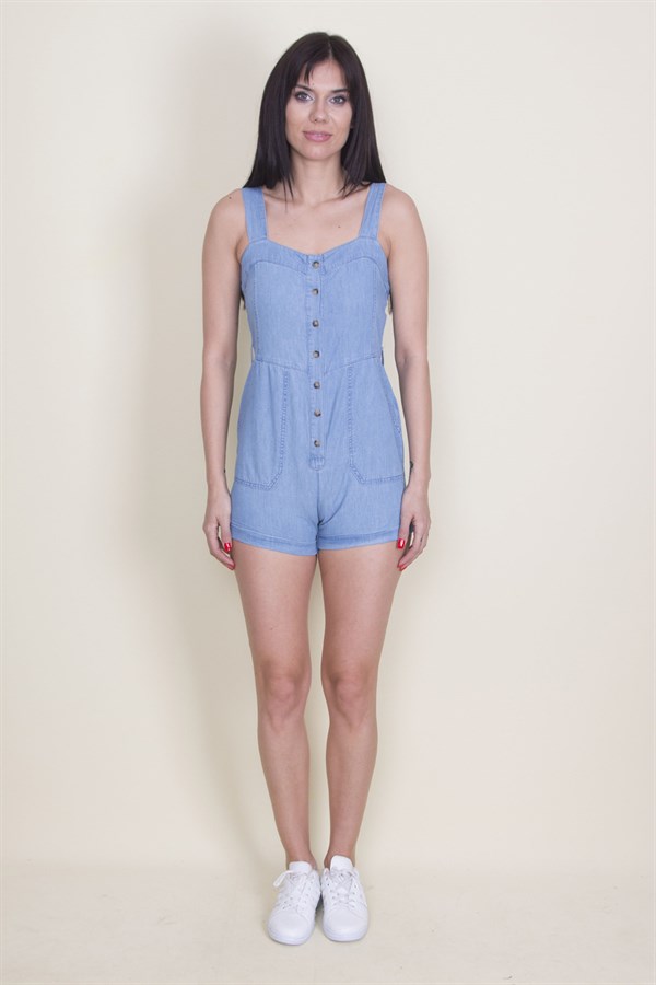 Kadın Mavi Denim Kumaş Düğme Ve Cep Detaylı Askılı Tulum