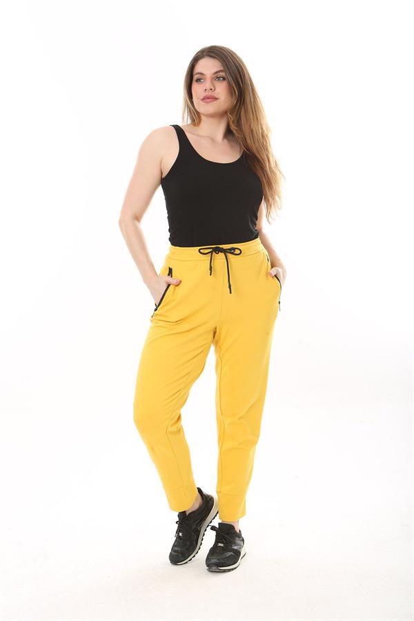 Kadın Büyük Beden Sarı Kuşgözü Bağcık Ve Lastikli Fermuarlı Cep Detaylı Spor Pantolon 65N37567