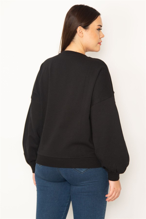 Kadın Siyah Nakış Detaylı Ribanalı Sweatshirt 65N31390