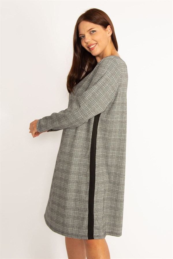 Kadın Gri Ekose Desenli Yan Şerit Detaylı Elbise 65N34611