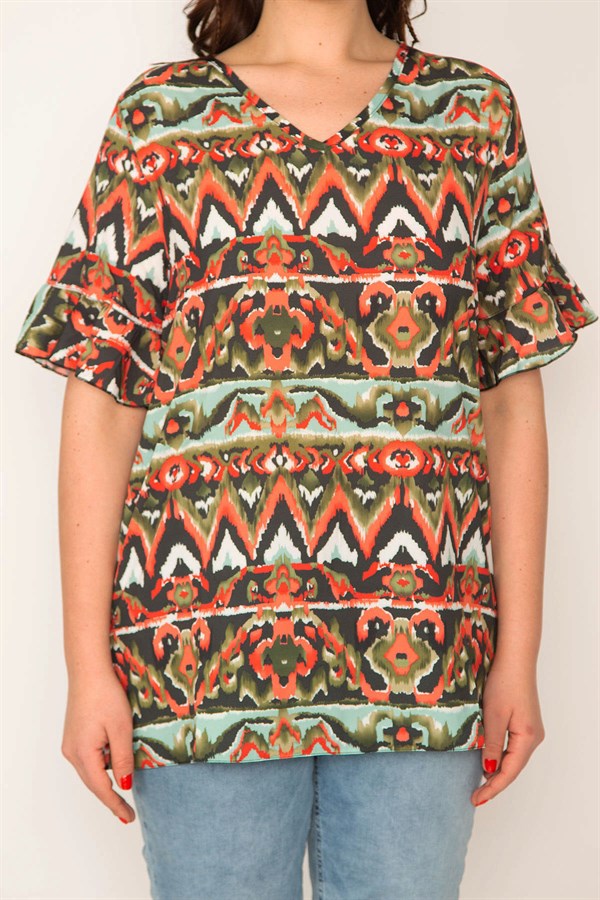 KADIN HAKİ V YAKALI VOLAN KOLLU BLUZ