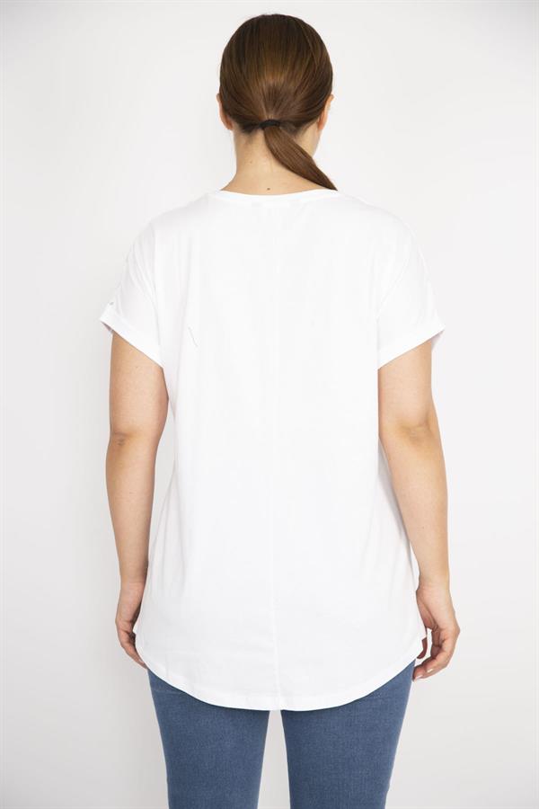 Kadın Beyaz Büyük Beden Pamuk Kumaş Robası Tül Aplike Uzun Bluz