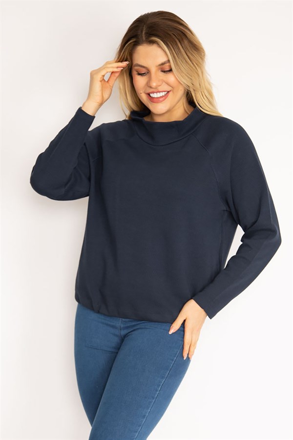 Women's Navy Blue Raglan Sleeve Hem Eyelet Lace-Up Sweatshirt 65N35182