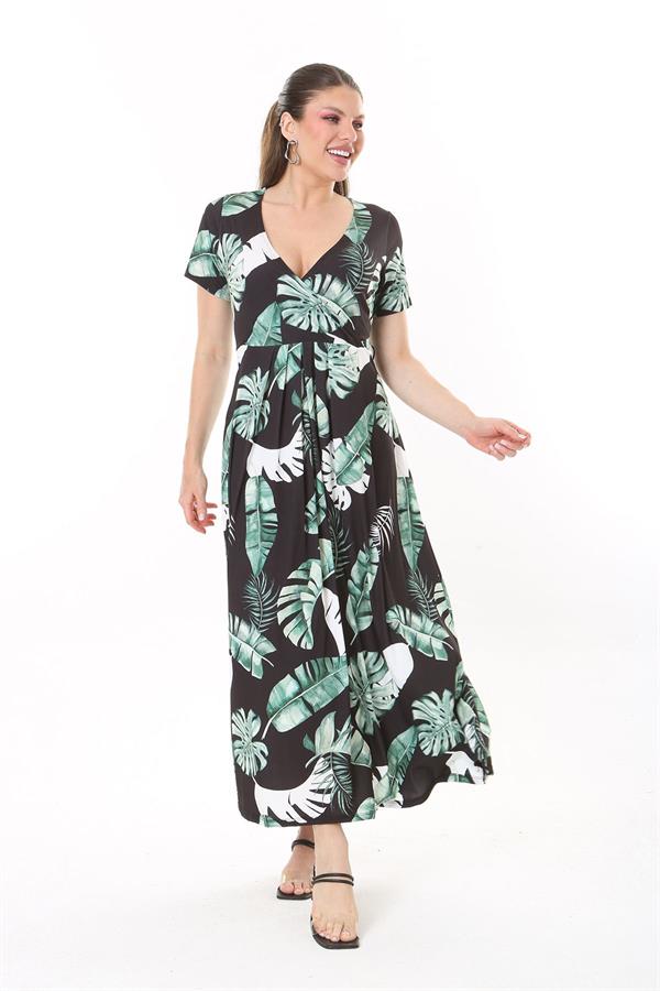 Kadın Büyük Beden Yeşil Anvelop Yakalı Uzun Elbise 65N37735