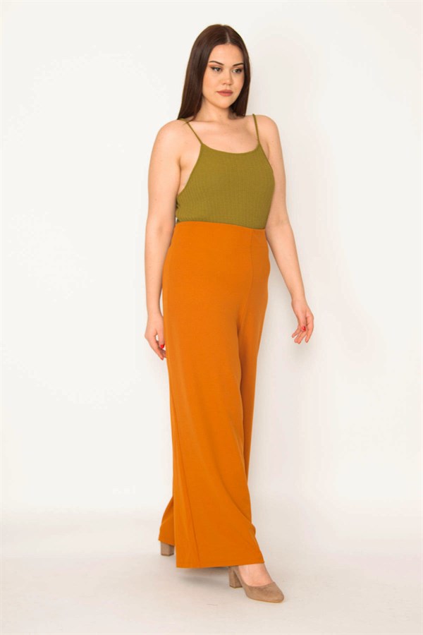 Kadın Taba Arka Kemer Lastikli Geniş Paçalı Krep Kumaş Pantolon 65N35411