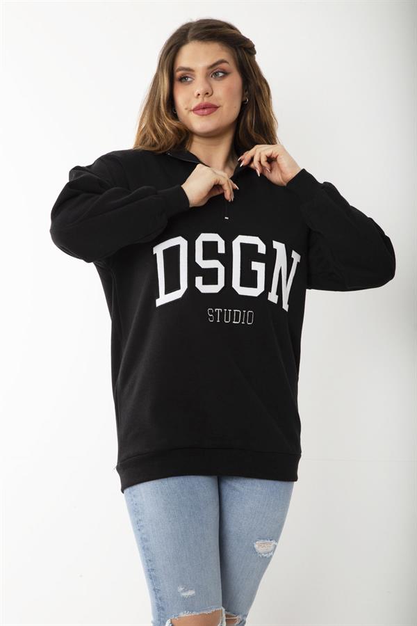Kadın Büyük Beden Siyah İçi Şardonlu Ön Pat Fermuarlı Nakışlı Sweatshirt 65N37207