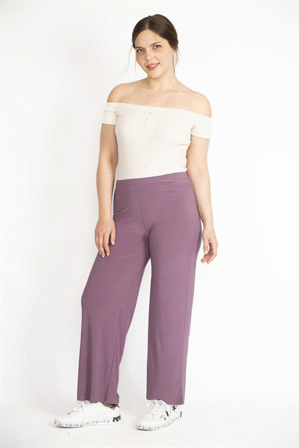 Kadın Lila Büyük Beden Likralı Buzy Kumaş Bel Lastikli Pantolon