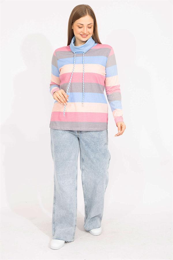 Kadın Renkli Büyük Beden Pamuklu Kumaş Yaka Detaylı Renkli Bluz 65N35558