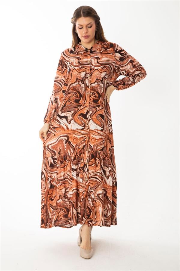 Kadın Büyük Beden Renkli Dokuma Viskon Kumaş Ön Boy Düğmeli Etek Ucu Katlı Elbise 65N37087