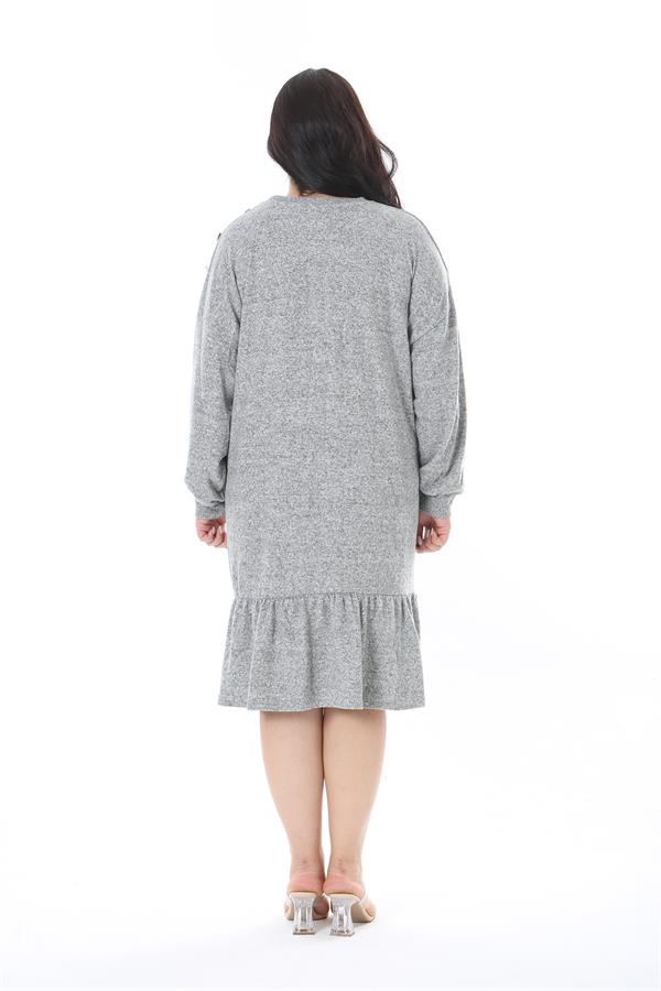 Kadın Büyük Beden Gri Yün Viskon Kumaş Omuzu Süs Düğmeli Elbise 65N38597