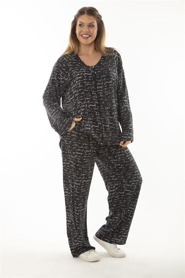 Kadın Büyük Beden Kemik Dokuma Viskon Kumaş Ön Fermuarlı Bluz Pantolon İkili Takım 65N37005