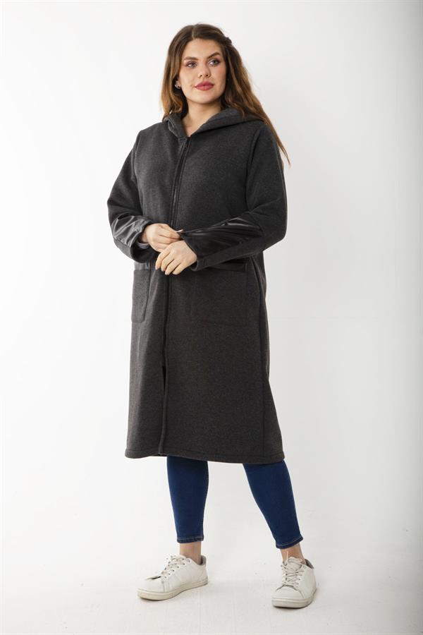 Kadın Büyük Beden Füme Ön Fermuarlı Kapşonlu Astarsız Suni Deri Garnili Kaban 65N37179