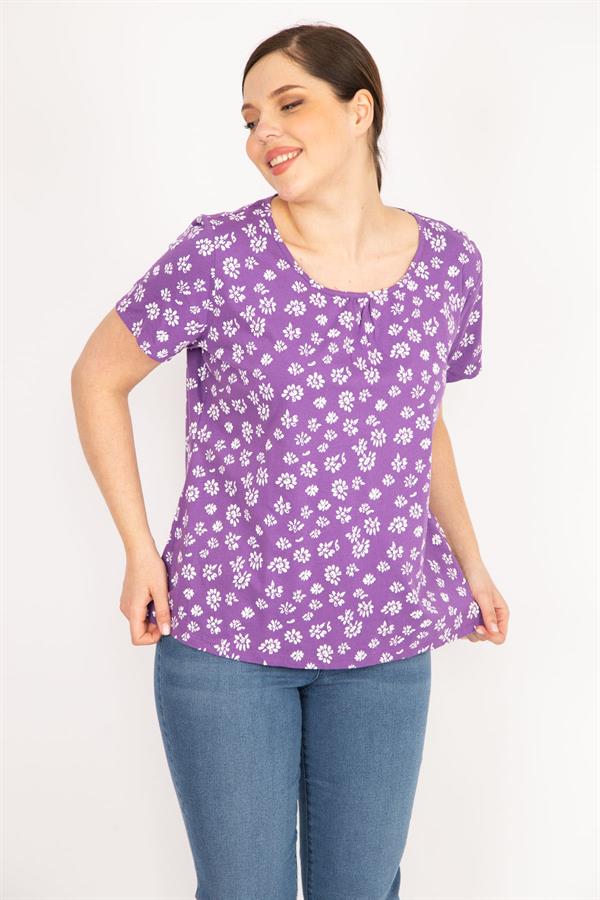 Kadın Lila Büyük Beden Pamuklu Kumaş Kısa Kollu Desenli Bluz