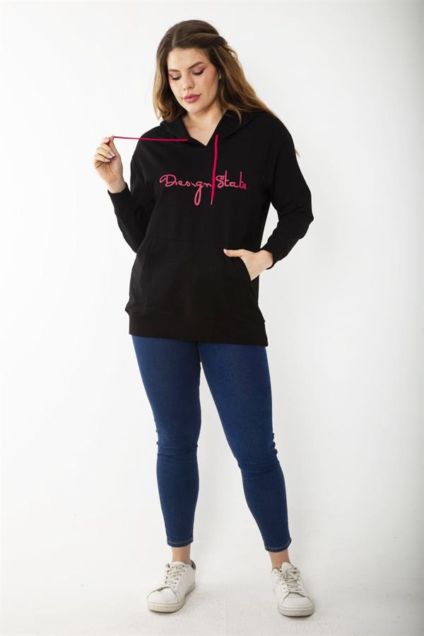 Women's Plus Size Black Hooded Kangaroo Pocket Sweatshirt 65N37197