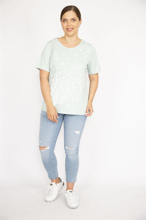 Kadın Yeşil Büyük Beden Pamuk Kumaş Ön Baskılı Kısa Kollu Bluz