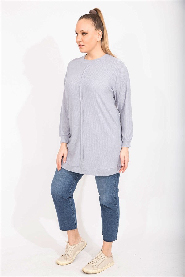 Kadın Gri Kaşkorse Kumaş Ön Dikiş Detaylı Uzun Tunik 65N35498