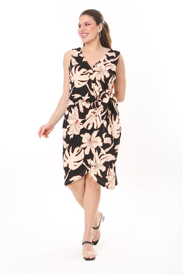 Kadın Büyük Beden Renkli Yan Bağlamalı Anvelop Elbise 65N37741