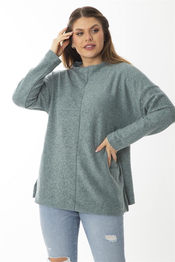 Kadın Büyük Beden Yeşil Yün Viskon Kumaş Sıfır Yakalı Yan Yırtmaçlı Tunik 65N37019