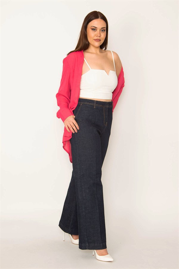 Kadın Lacivert Klasik Kesim Yan Cepli Geniş Paçalı Kot Pantolon 65N31860