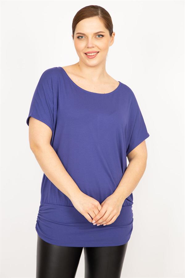 Kadın İndigo Büyük Beden Bisiklet Yakalı Etek Ucu Bantlı Tunik