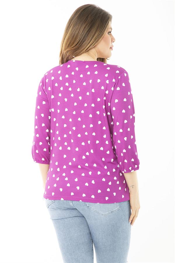 Kadın Büyük Beden Eflatun Yaka Fularlı Kalp Desenli Bluz 65N37144