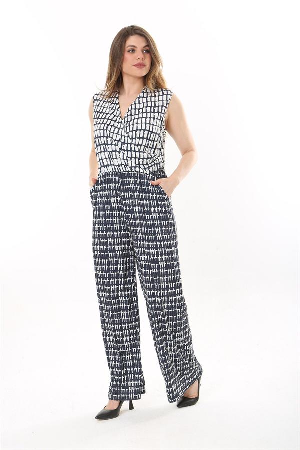 Kadın Büyük Beden Lacivert Anvelop Yakalı Geniş Paçalı Beli Lastikli Tulum 65N37635