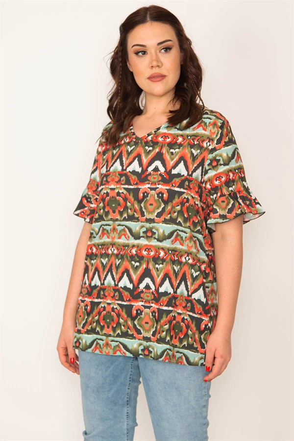 KADIN HAKİ V YAKALI VOLAN KOLLU BLUZ