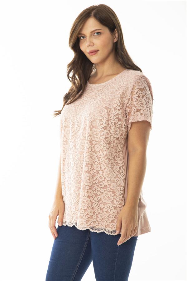 Kadın Büyük Beden Somon Önü Ve Kolları Dantel İçi Viskon Bluzlu Tunik 65N36956
