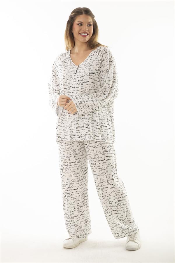 Kadın Büyük Beden Kemik Dokuma Viskon Kumaş Ön Fermuarlı Bluz Pantolon İkili Takım 65N37005