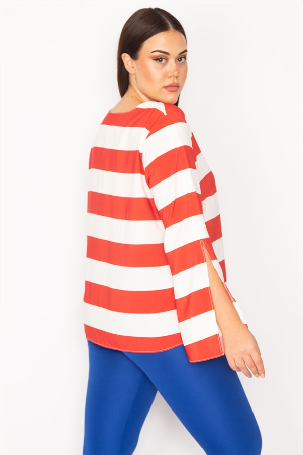 Kadın Kırmızı Yakası Kuşgözlü Bağcık Detaylı Kol Yırtmaçlı Çizgili Bluz 65N30165